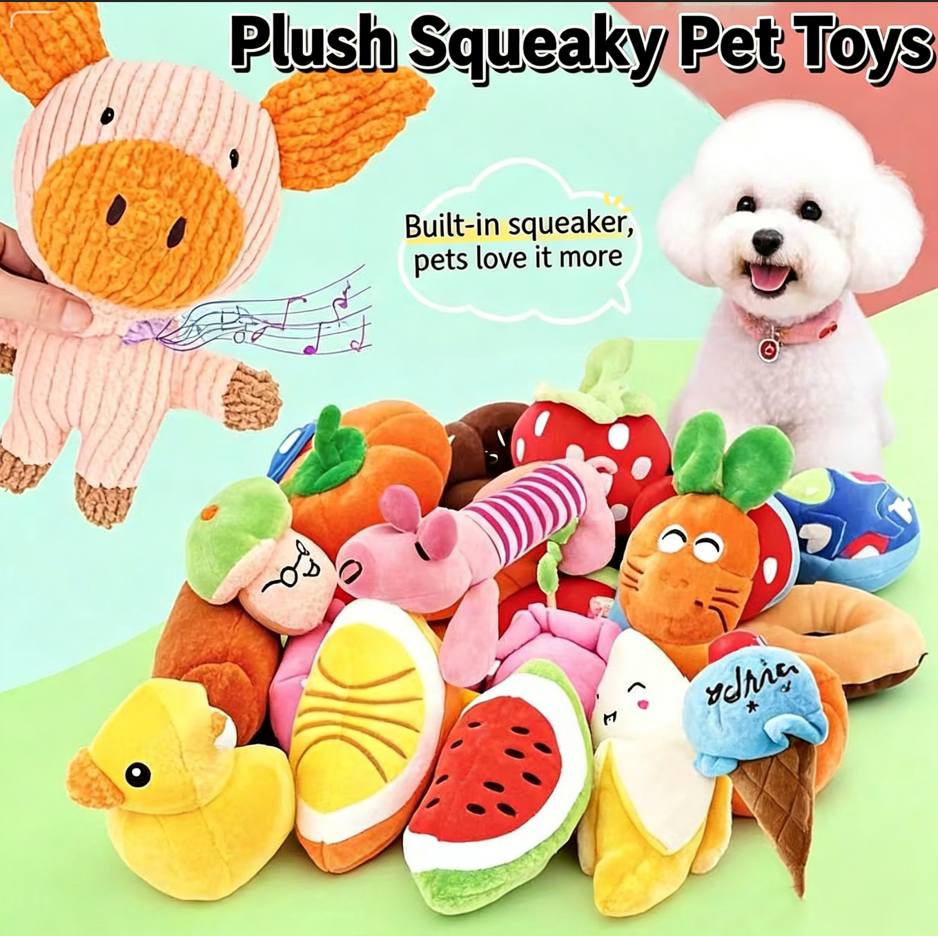 New Arrival Squeaky Dog Toys Cute Fruit & Food Shaped Plush Pet Toys for Puppies